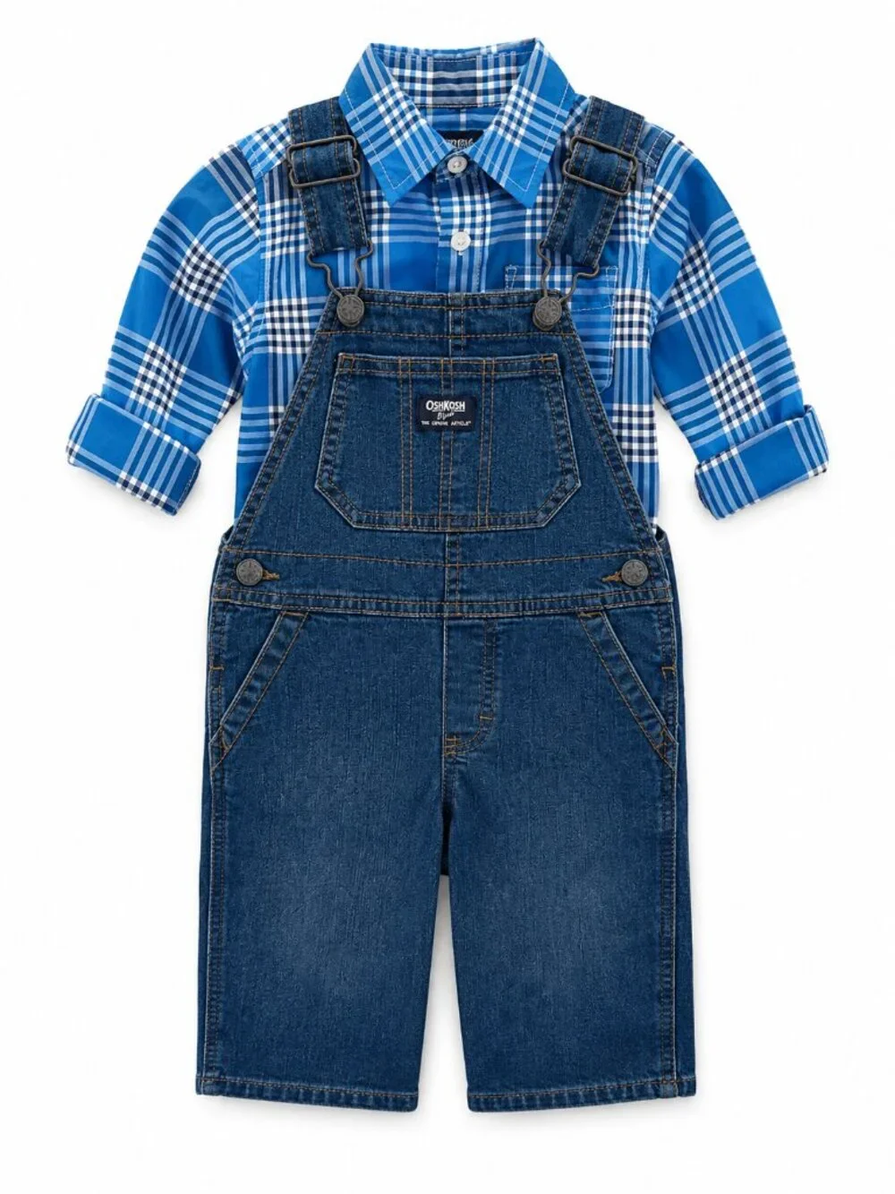 NWT OshKosh B’gosh Toddler Boy Outfit Set Blue Plaid Shirt Denim Overalls Size 2